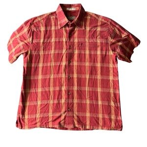Orvis Trout Bum Men’s cotton Red Orange Plaid Short Sleeve Button Shirt Size L